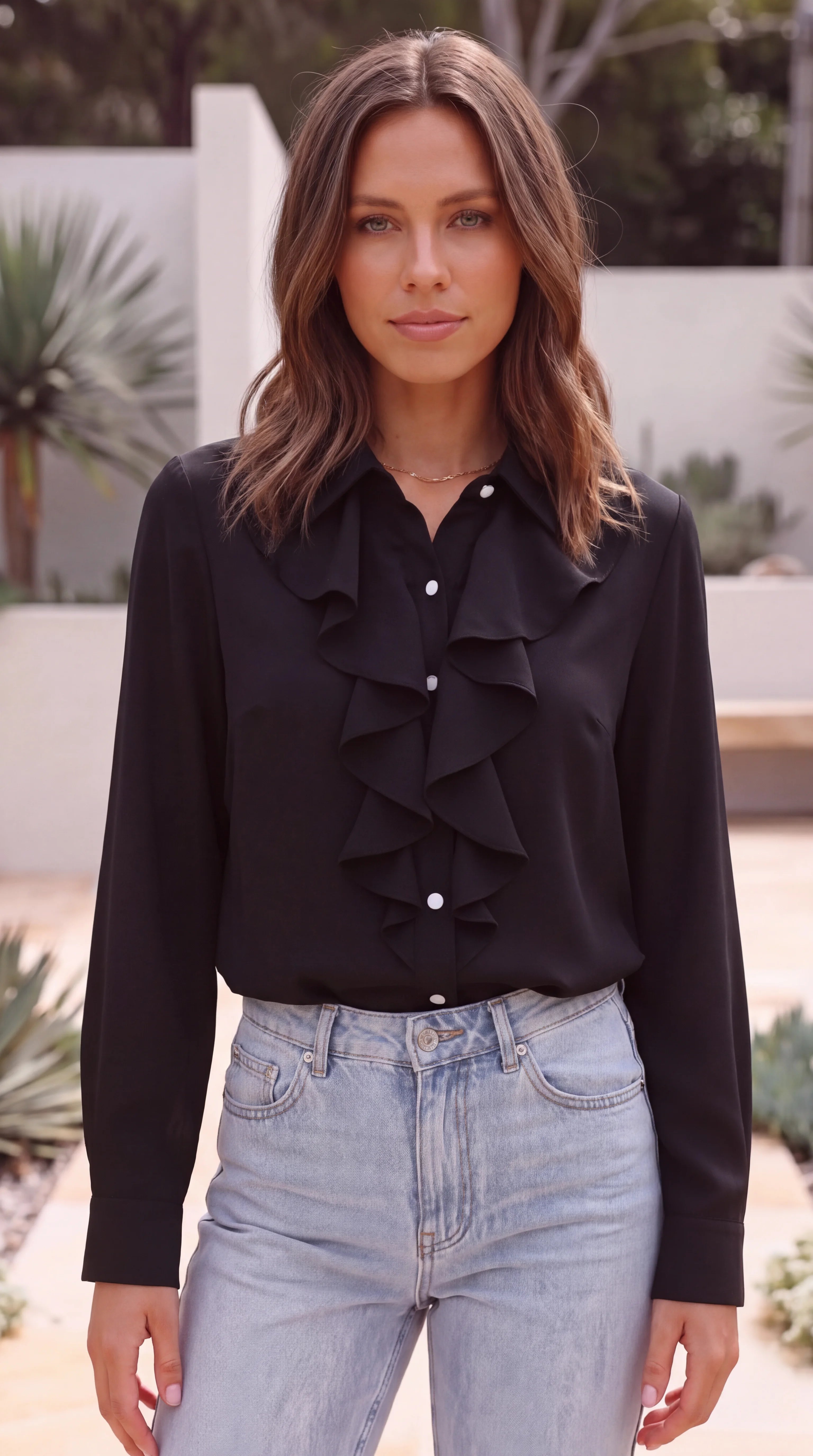 Women's Collared Long Sleeve Ruffle Front Button-Up Blouse