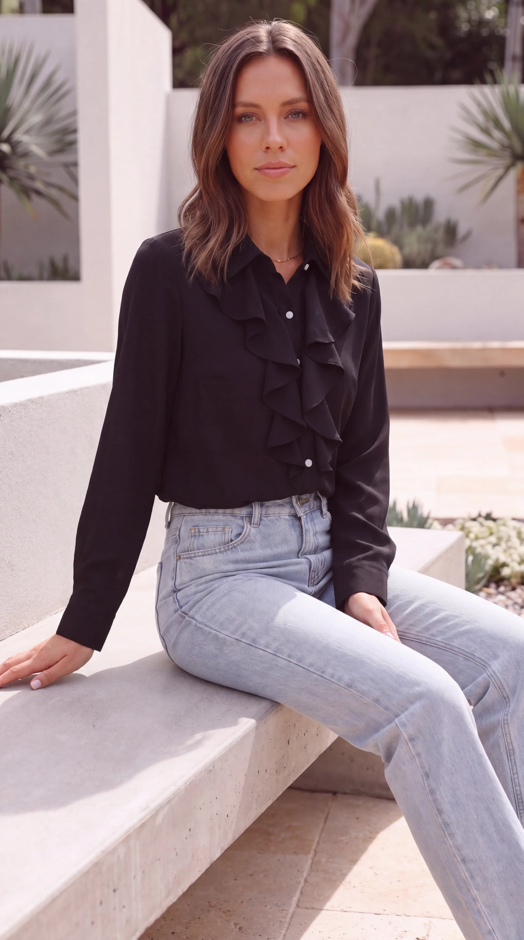 Women's Collared Long Sleeve Ruffle Front Button-Up Blouse