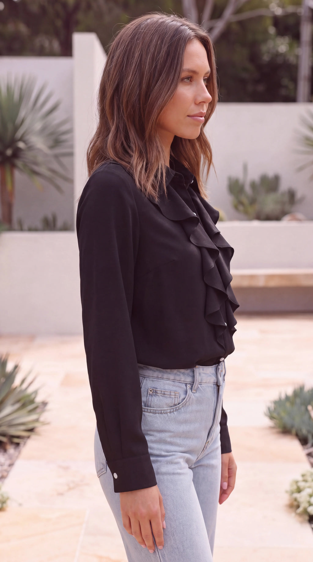 Women's Collared Long Sleeve Ruffle Front Button-Up Blouse