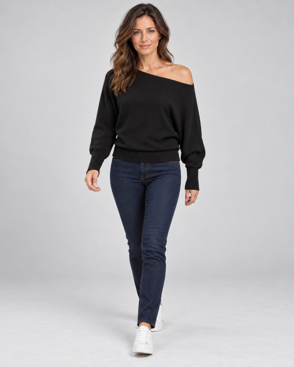 Women's Off-Shoulder Knit Jumper with Asymmetric Hem