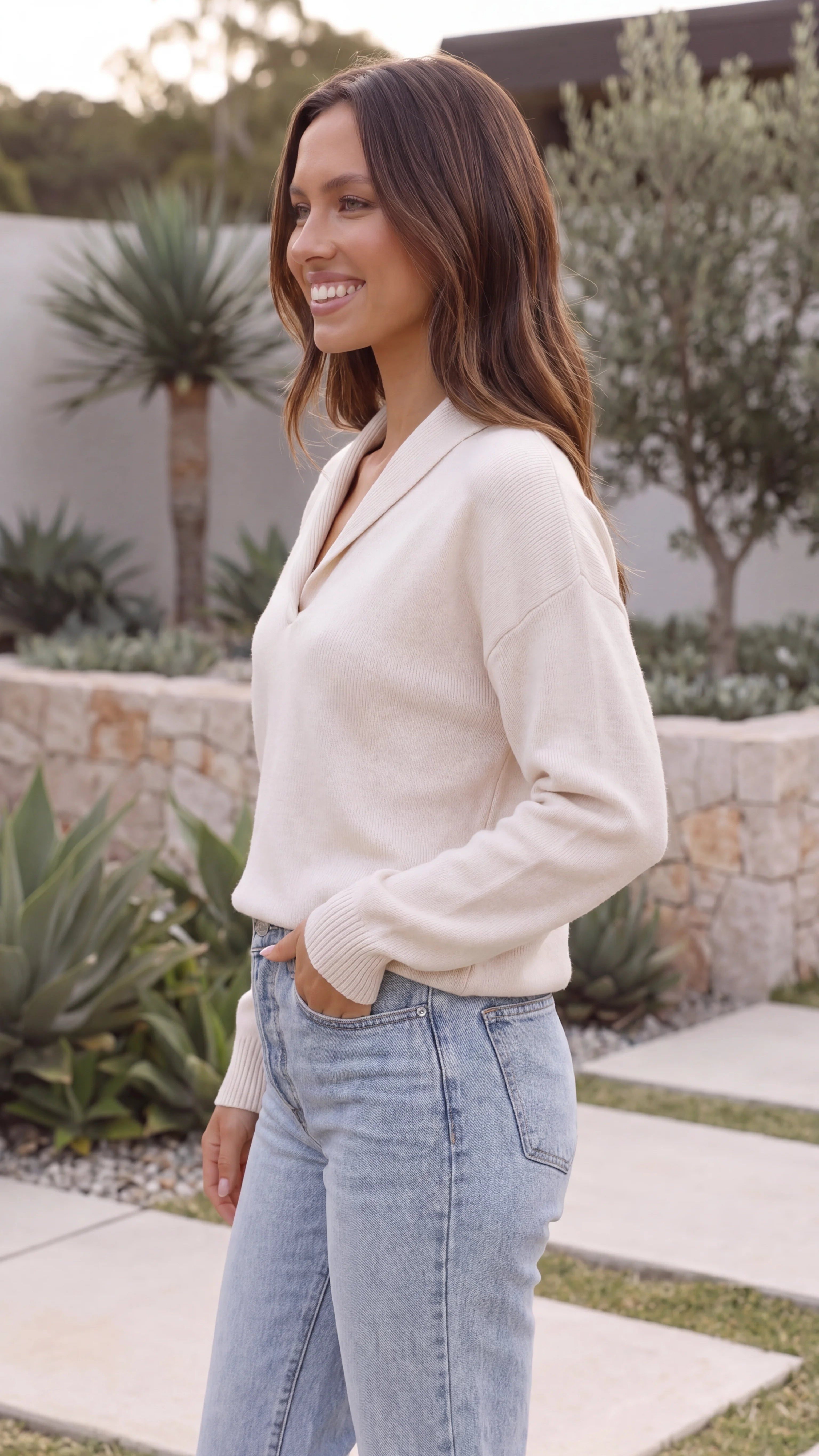 Women's Shawl Collar Long Sleeve V Neck Knit Jumper