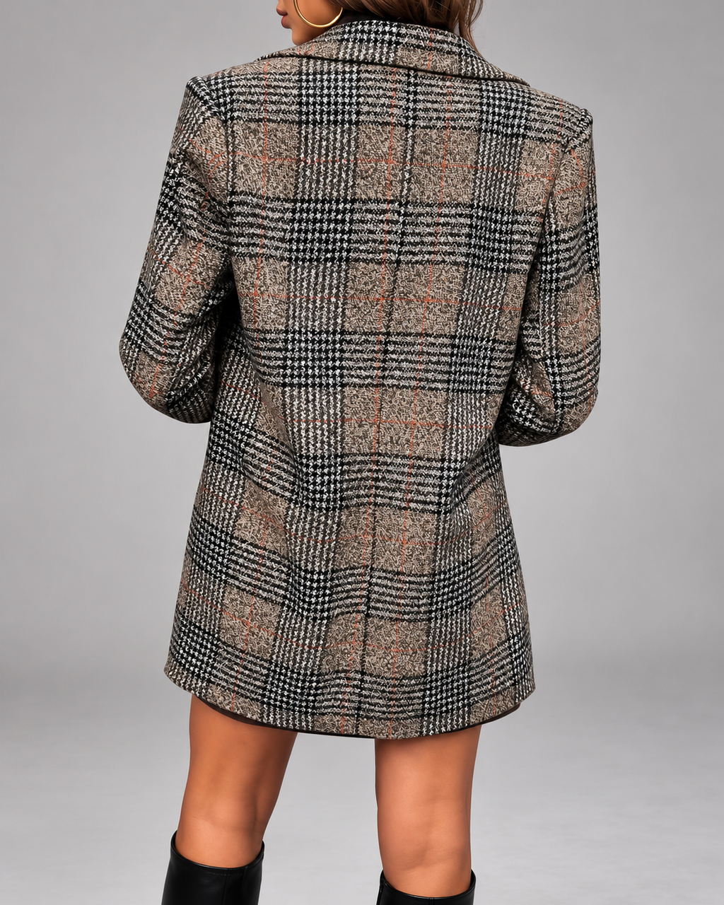Women's Checked Blazer Jacket with Notch Lapel and Double Breasted Front