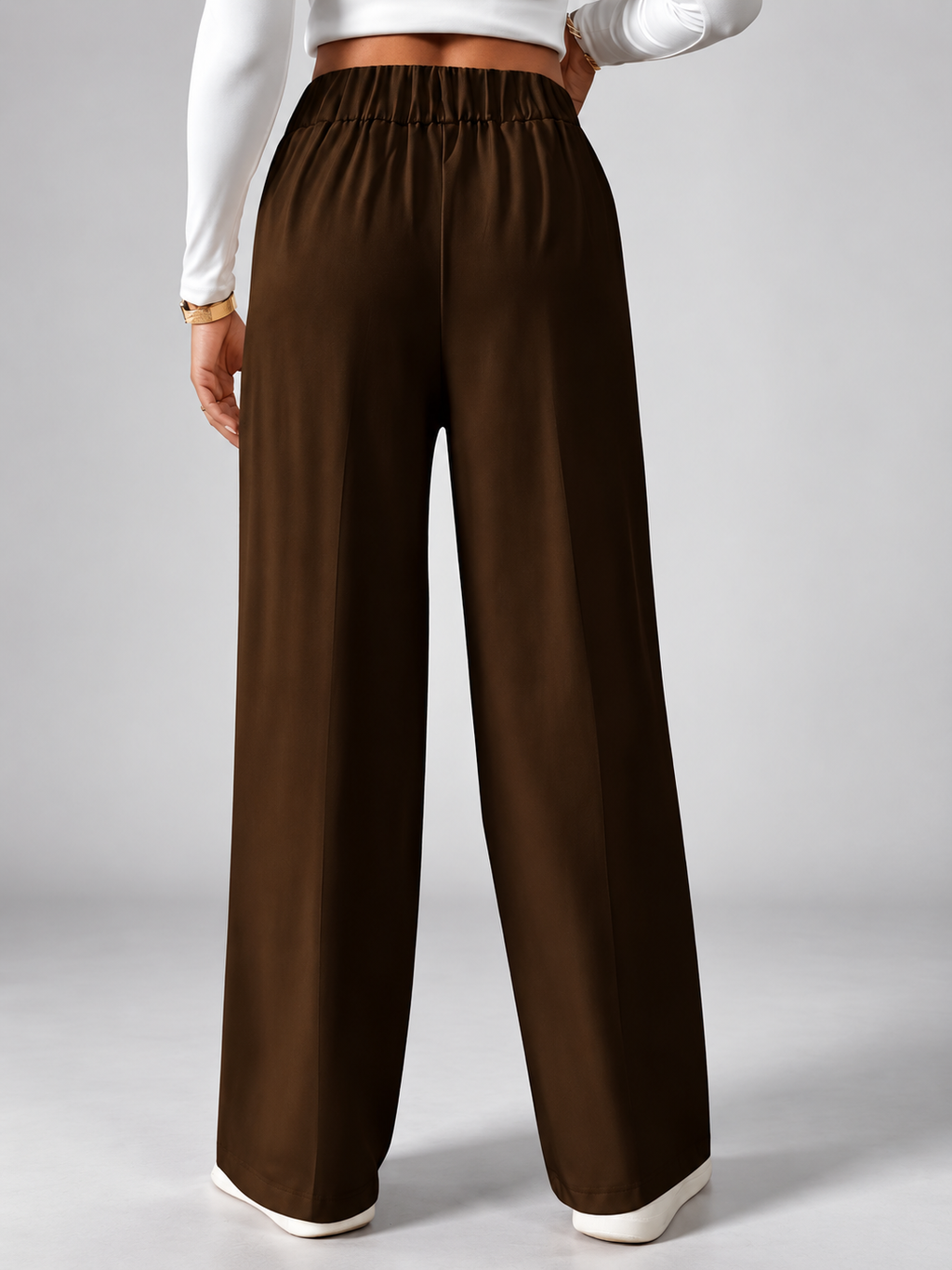 Women's High Waisted Wide Leg Office Trousers with Button Waist