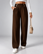 Women's High Waisted Wide Leg Office Trousers with Button Waist