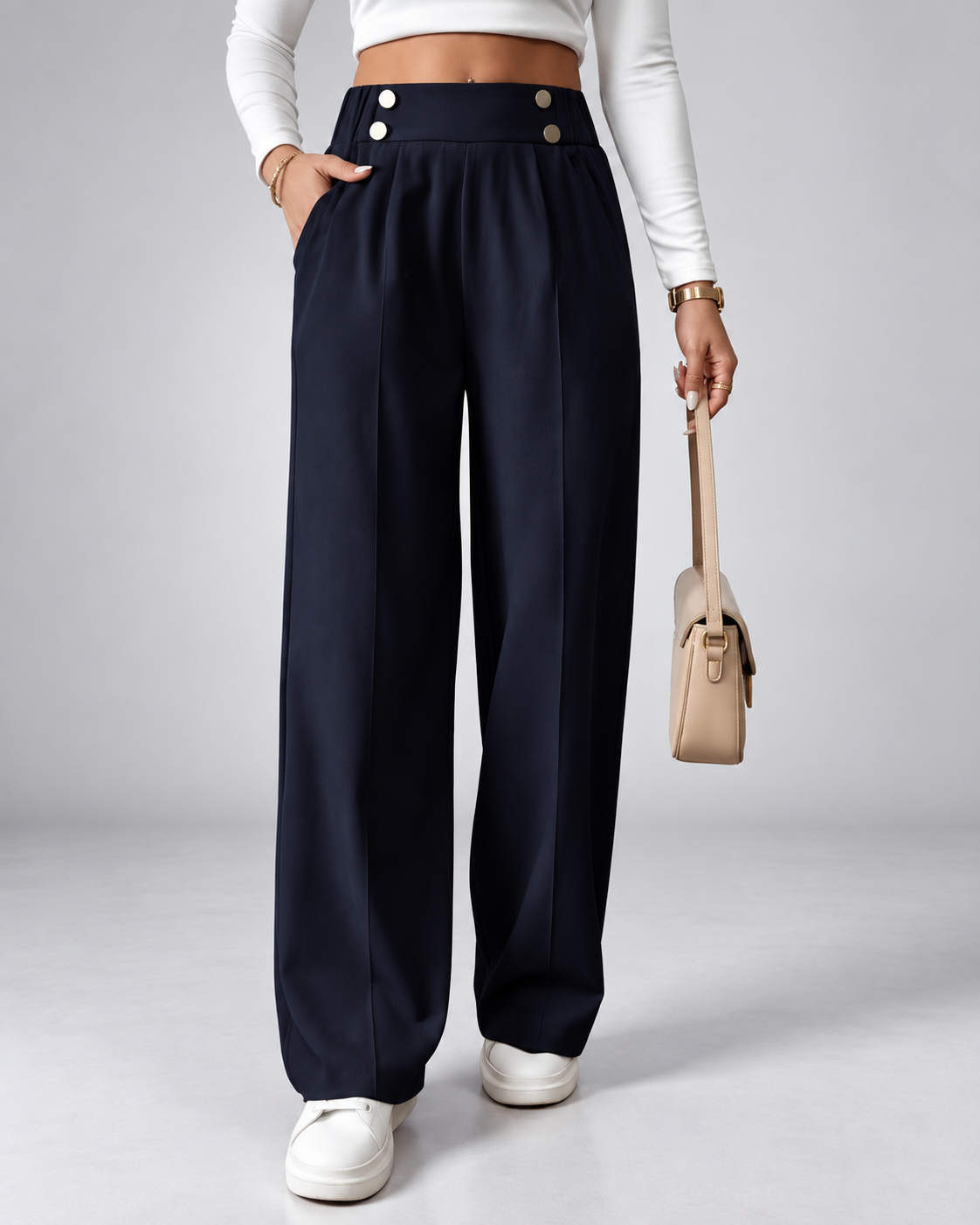 Women's High Waisted Wide Leg Office Trousers with Button Waist