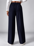 Women's High Waisted Wide Leg Office Trousers with Button Waist