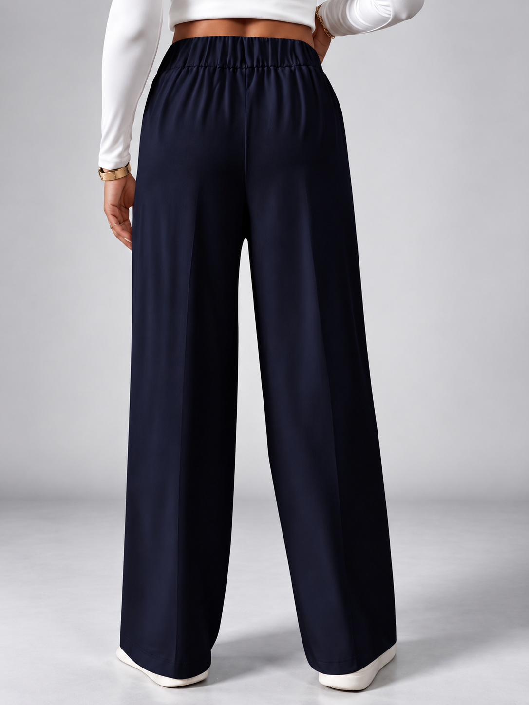 Women's High Waisted Wide Leg Office Trousers with Button Waist