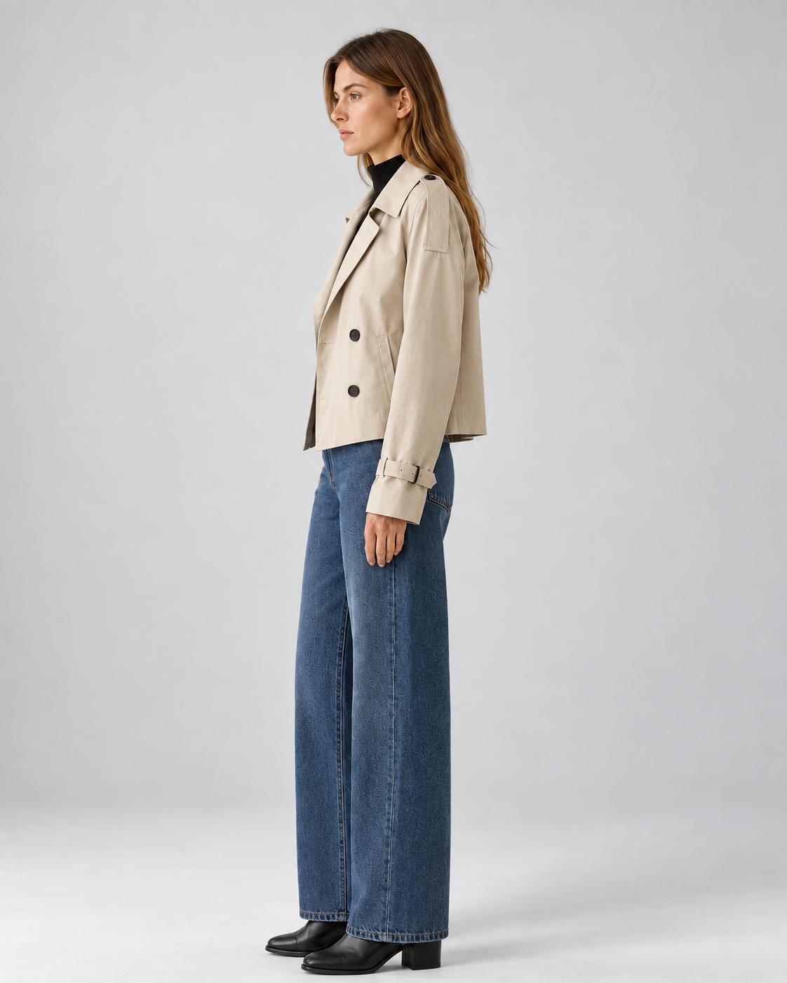 Women's Short Double Breasted Trench Coat with Lapel Collar