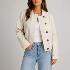 Women's Cropped Collared Jacket with Button Front and Sleeve Tabs