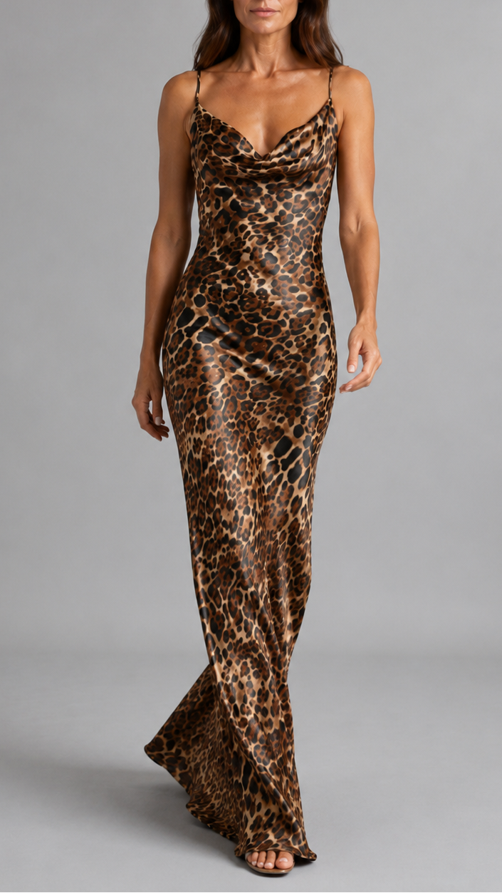 Women's Leopard Print Slip Satin Maxi Dress