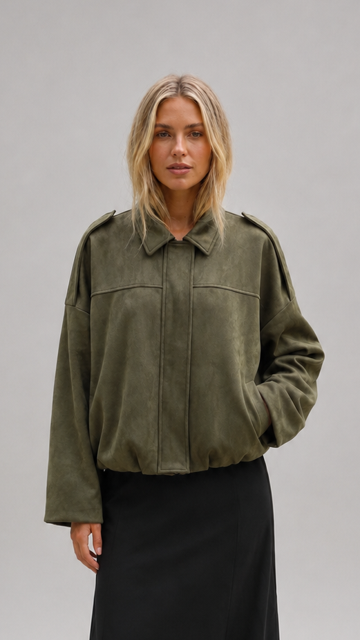 Women's Oversized Suede Look Collared Bomber Jacket