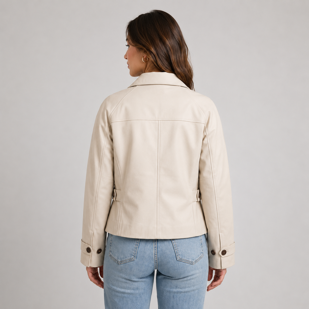 Women's Cropped Collared Jacket with Button Front and Sleeve Tabs