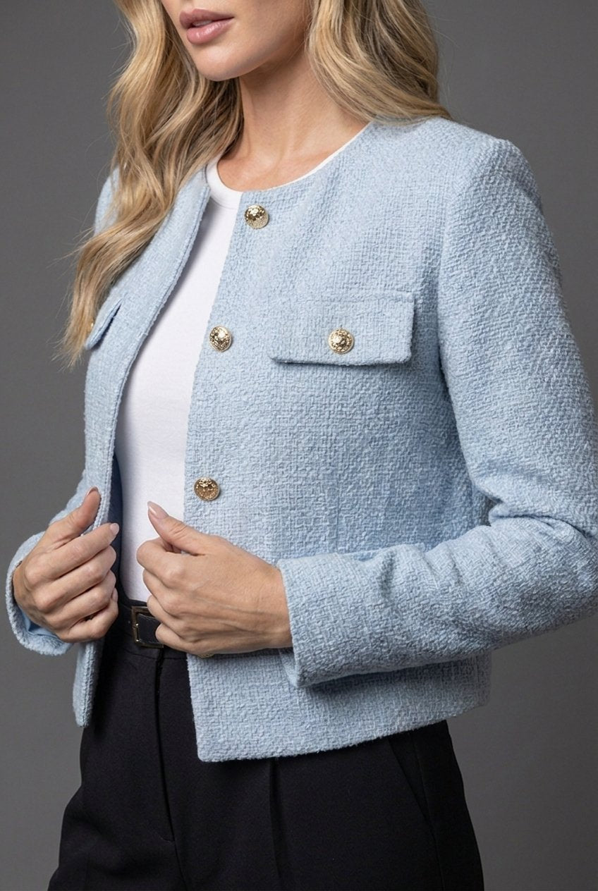 Women's Cropped Tweed Blazer with Gold Buttons and Pockets