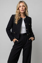 Women's Cropped Tweed Blazer with Gold Buttons and Pockets