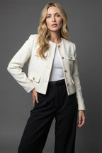 Women's Cropped Tweed Blazer with Gold Buttons and Pockets