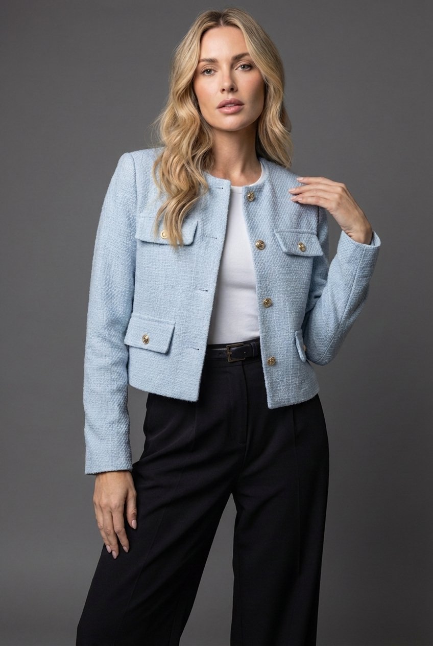 Women's Cropped Tweed Blazer with Gold Buttons and Pockets