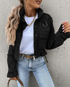 Women's Cropped Utility Jacket with Snap Buttons and Cargo Pockets