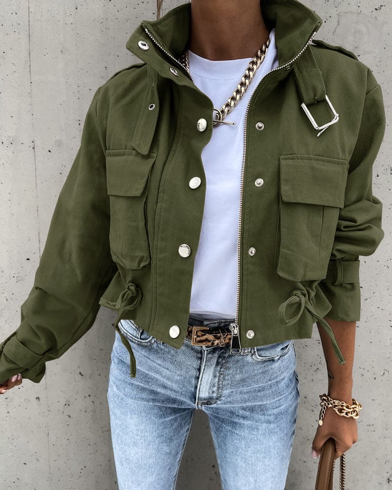 Women's Cropped Utility Jacket with Snap Buttons and Cargo Pockets