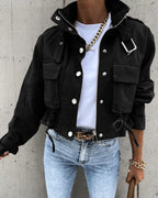 Women's Cropped Utility Jacket with Snap Buttons and Cargo Pockets