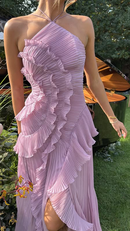 Women's Ruffle Maxi Dress | Halter Pleated Wedding Guest Dress