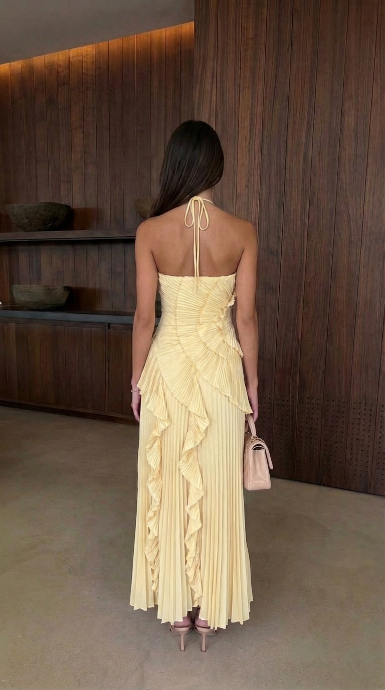 Women's Ruffle Maxi Dress | Halter Pleated Wedding Guest Dress