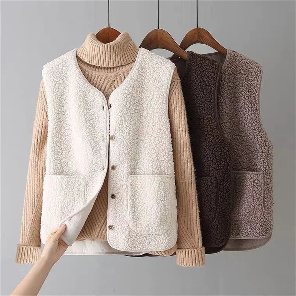 Women's Sherpa Fleece Gilet with Button Front and Pockets