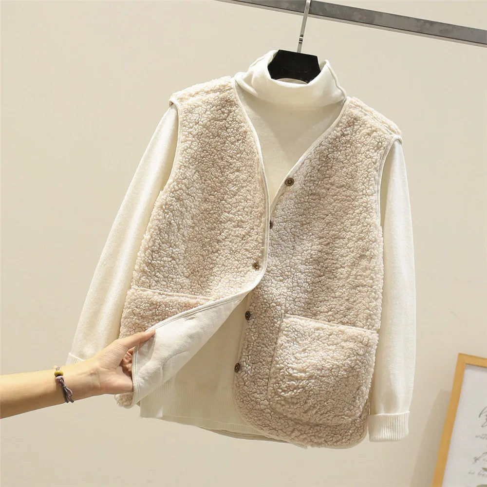 Women's Sherpa Fleece Gilet with Button Front and Pockets