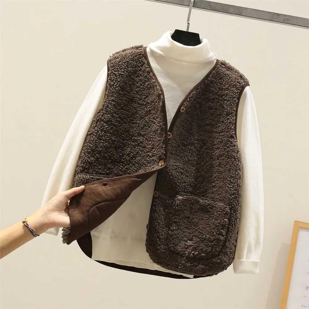 Women's Sherpa Fleece Gilet with Button Front and Pockets