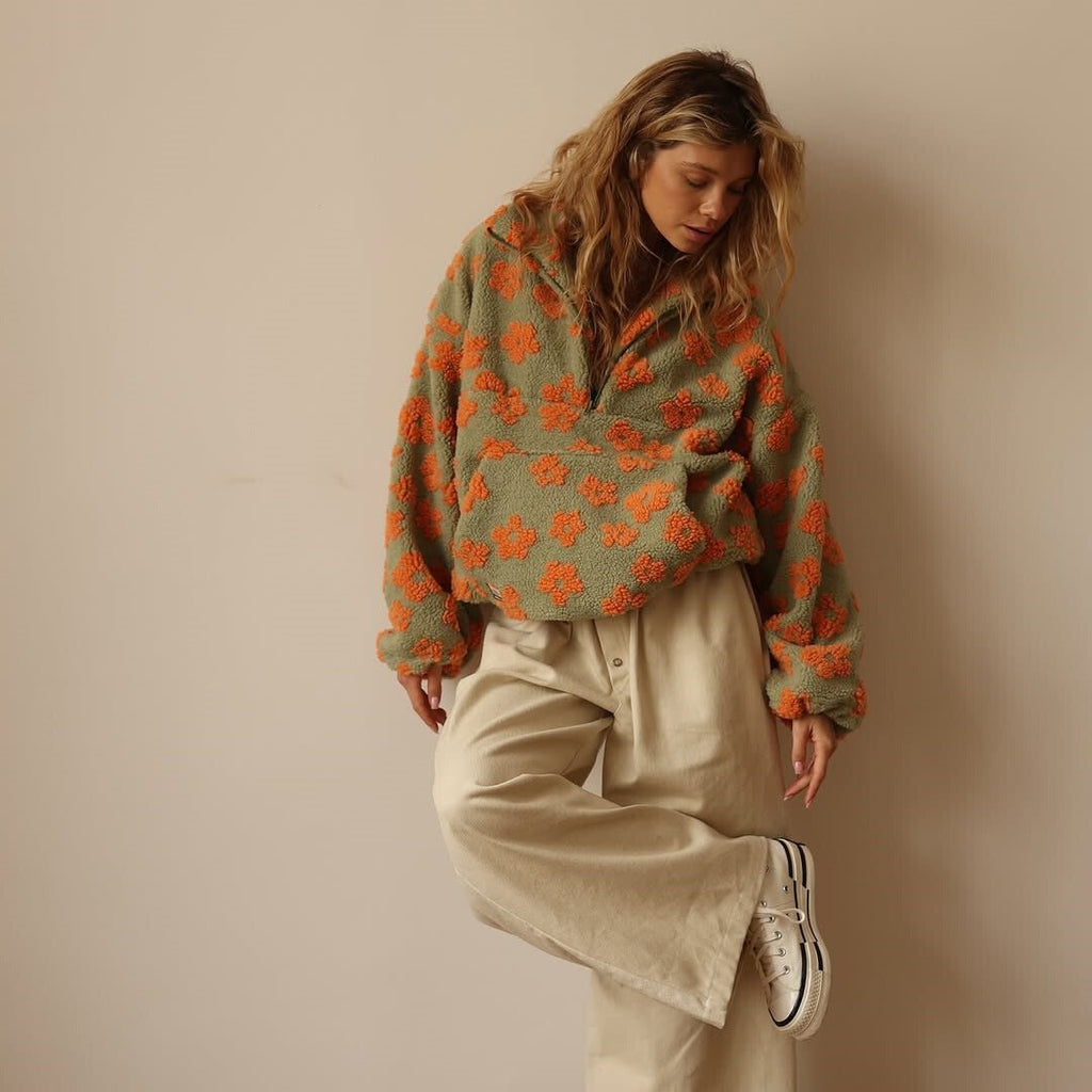 Women's Floral Half Zip Oversized Sherpa Fleece Jacket