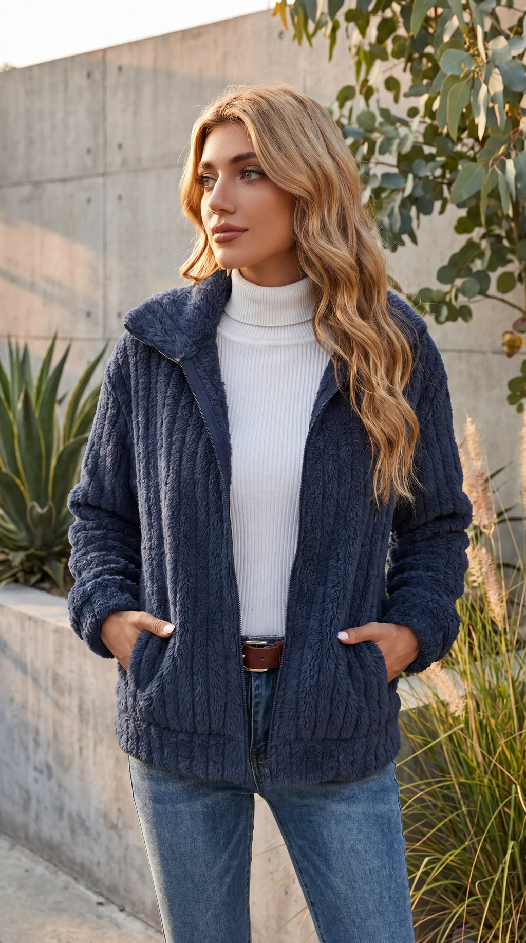 Women's Ribbed Teddy Fleece Zip-Up Jacket