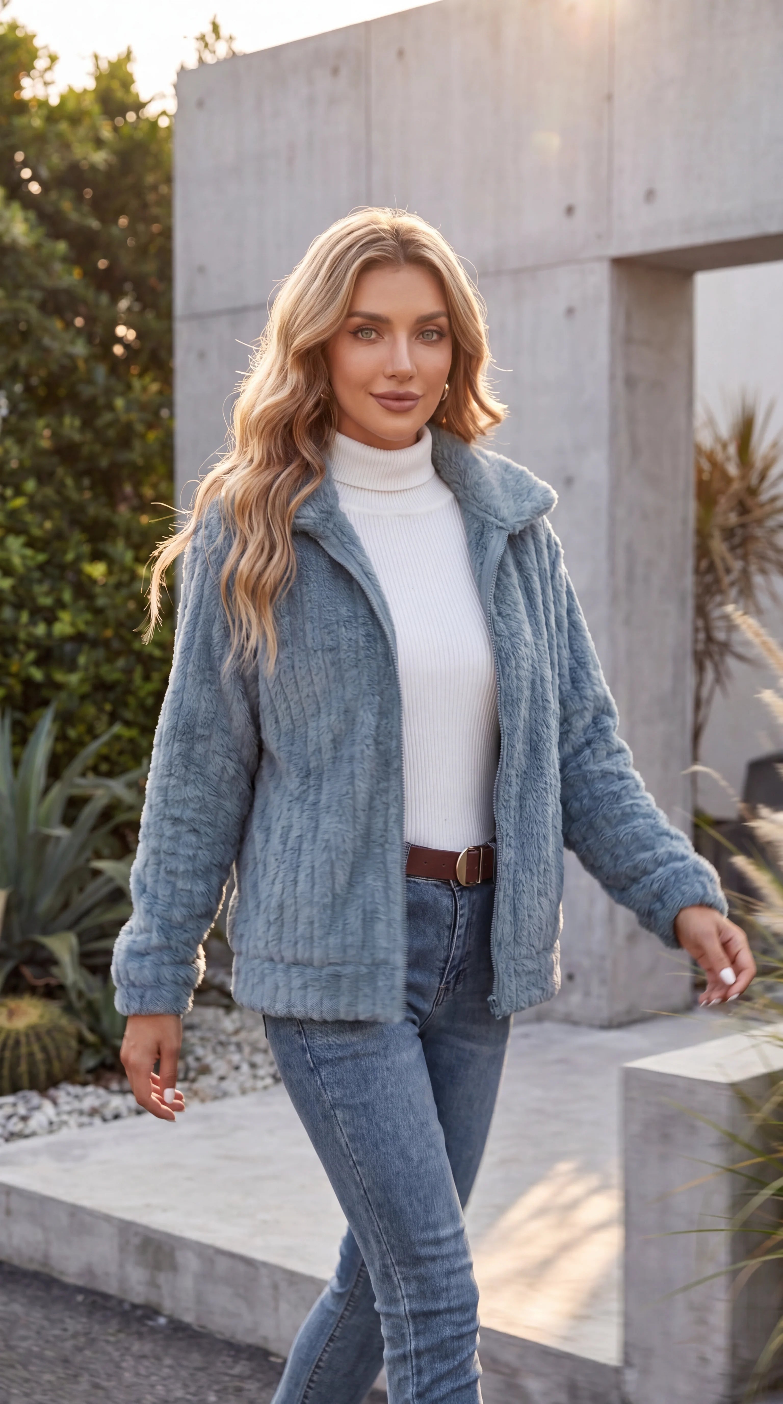 Women's Ribbed Teddy Fleece Zip-Up Jacket