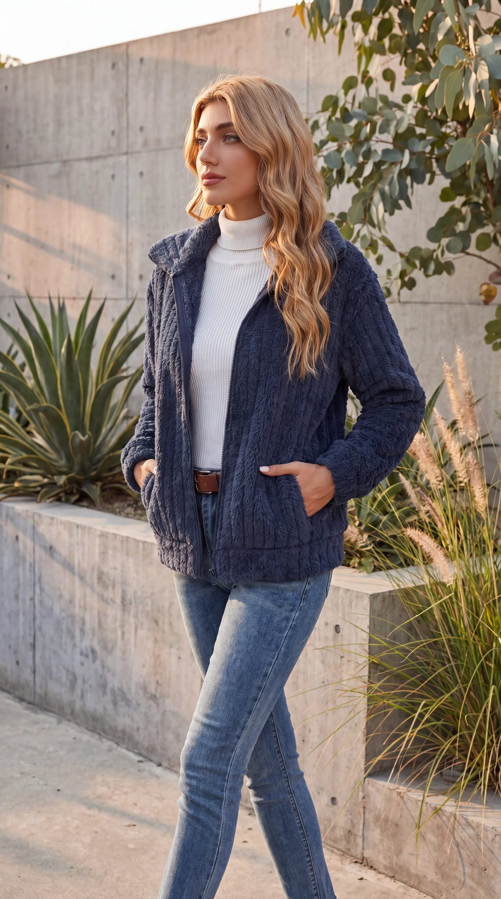 Women's Ribbed Teddy Fleece Zip-Up Jacket