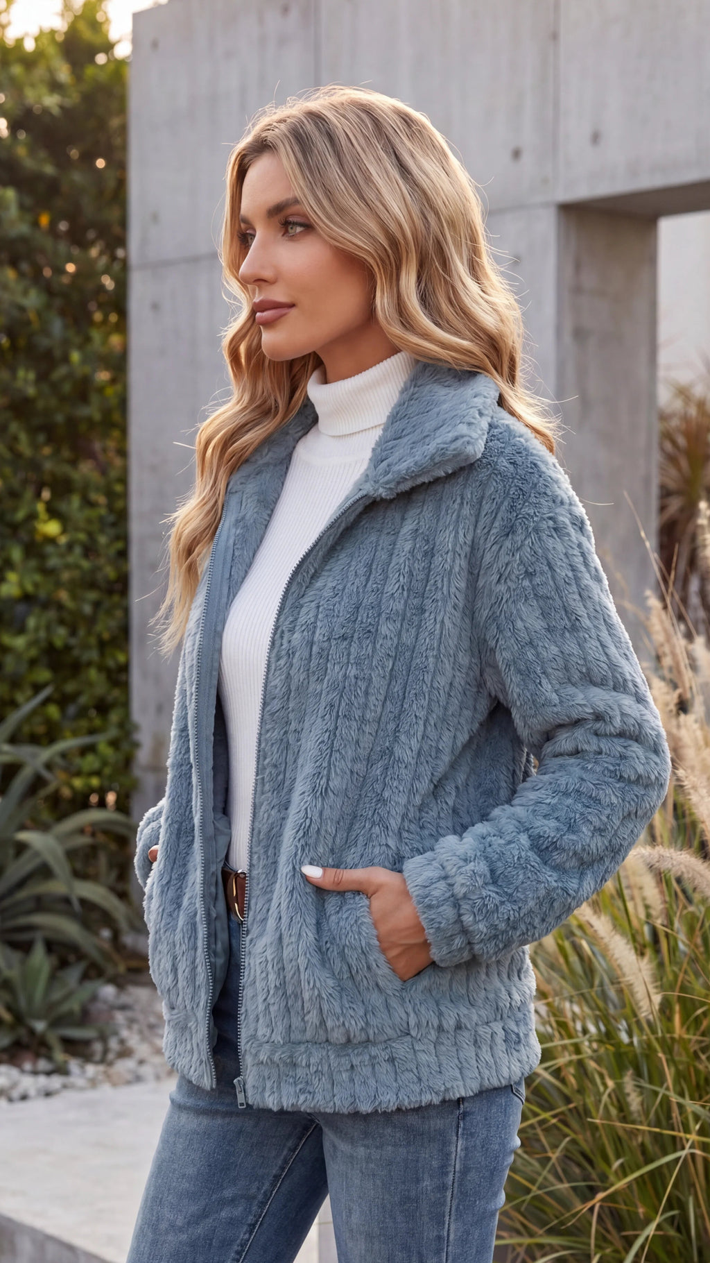 Women's Ribbed Teddy Fleece Zip-Up Jacket