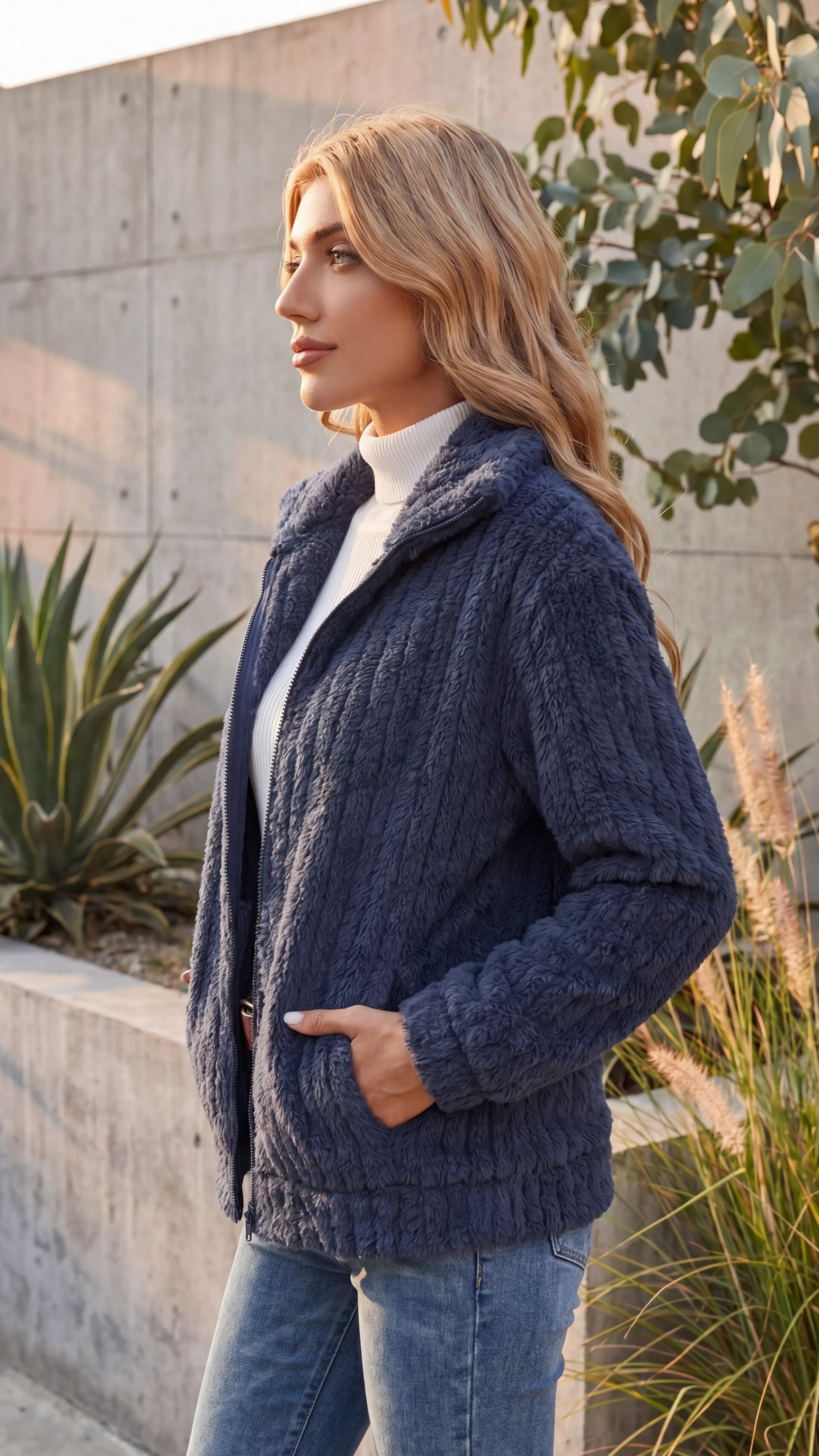 Women's Ribbed Teddy Fleece Zip-Up Jacket