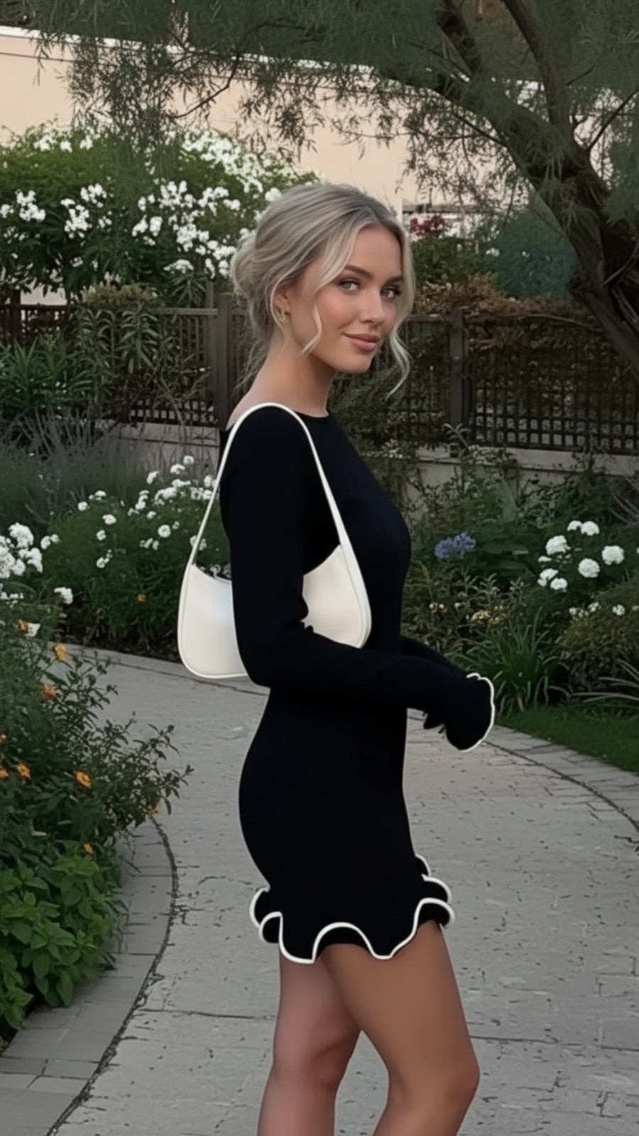 Long Sleeve Ruffle Hem Fitted Mini Dress