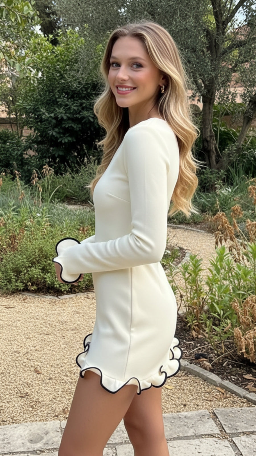 Long Sleeve Ruffle Hem Fitted Mini Dress