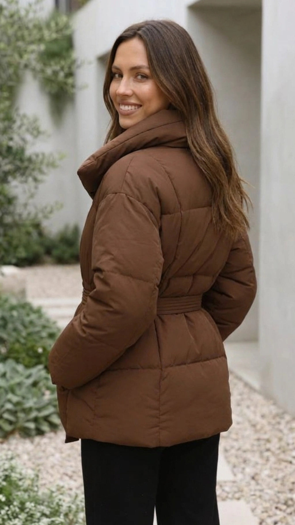 Women's Puffer Jacket | Belted High Neck Padded Jacket