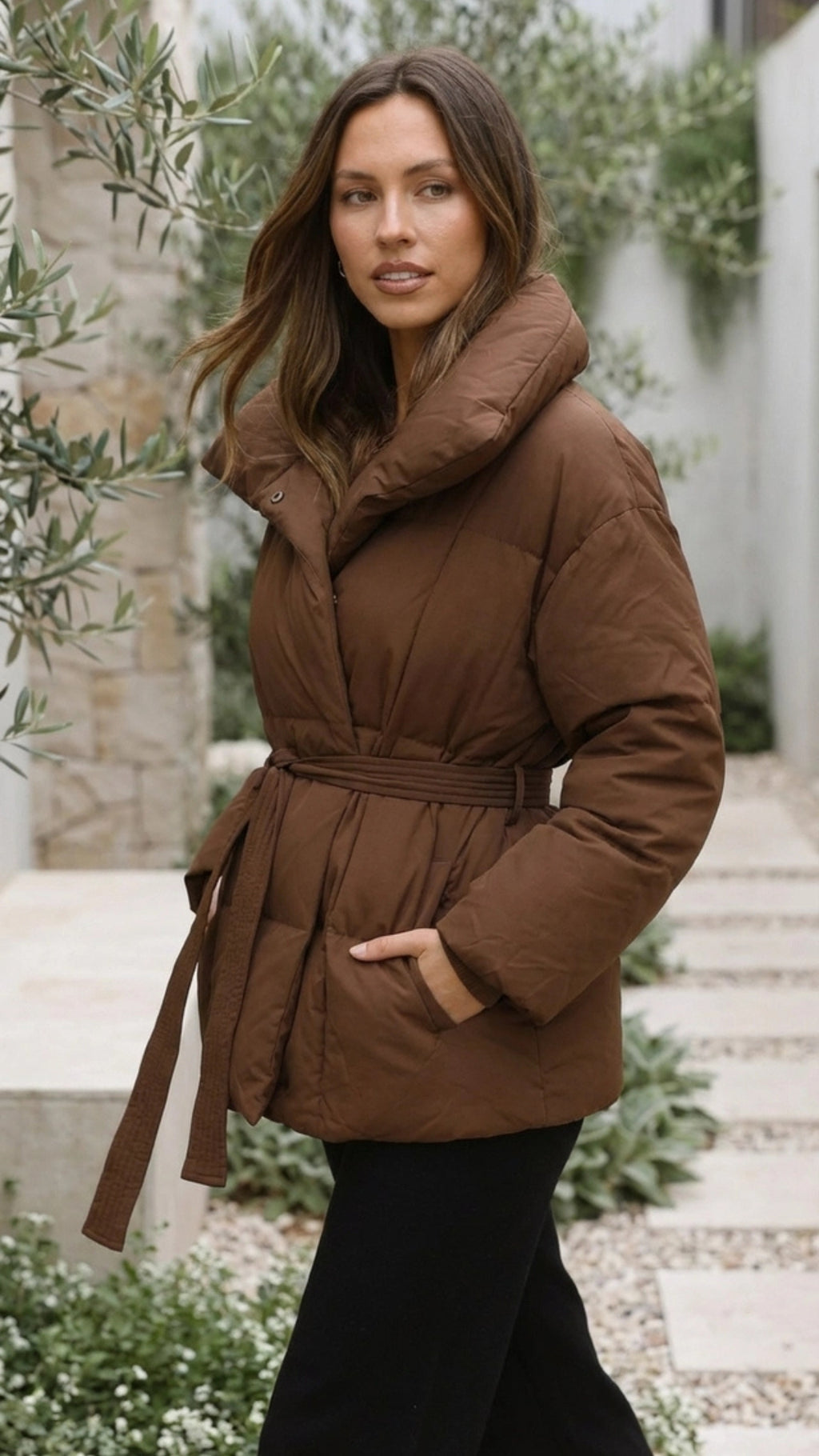 Women's Puffer Jacket | Belted High Neck Padded Jacket