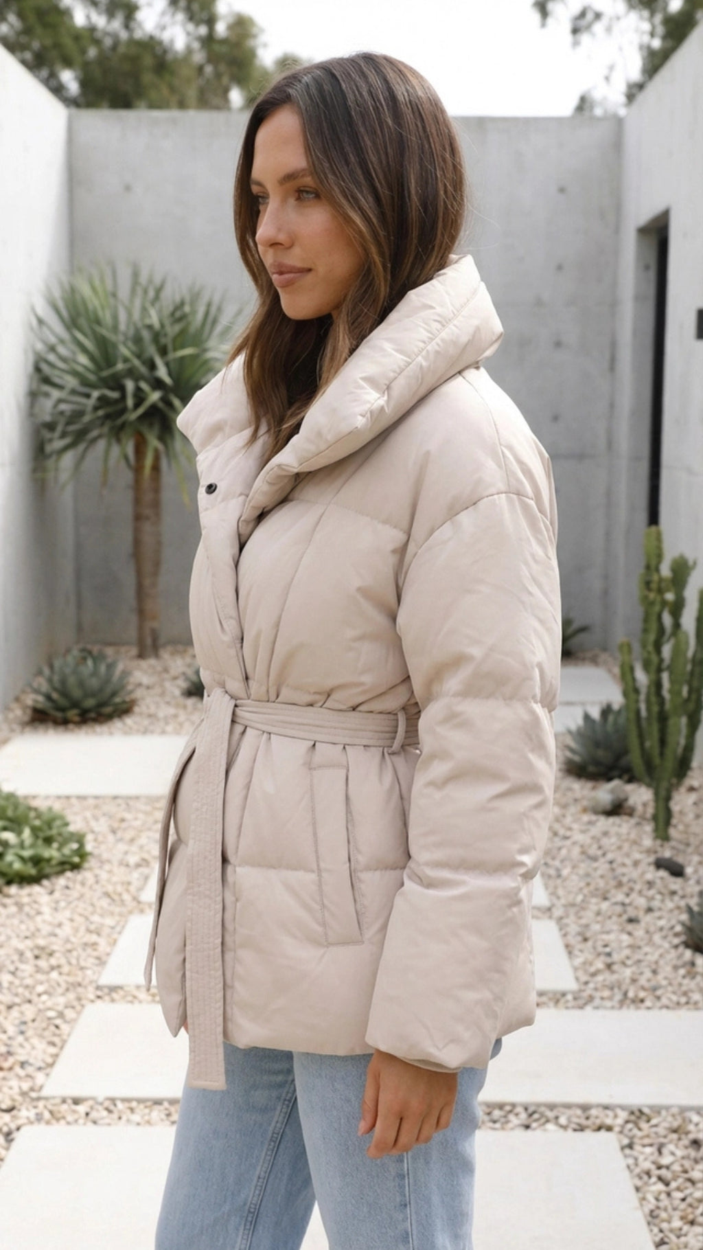 Women's Puffer Jacket | Belted High Neck Padded Jacket