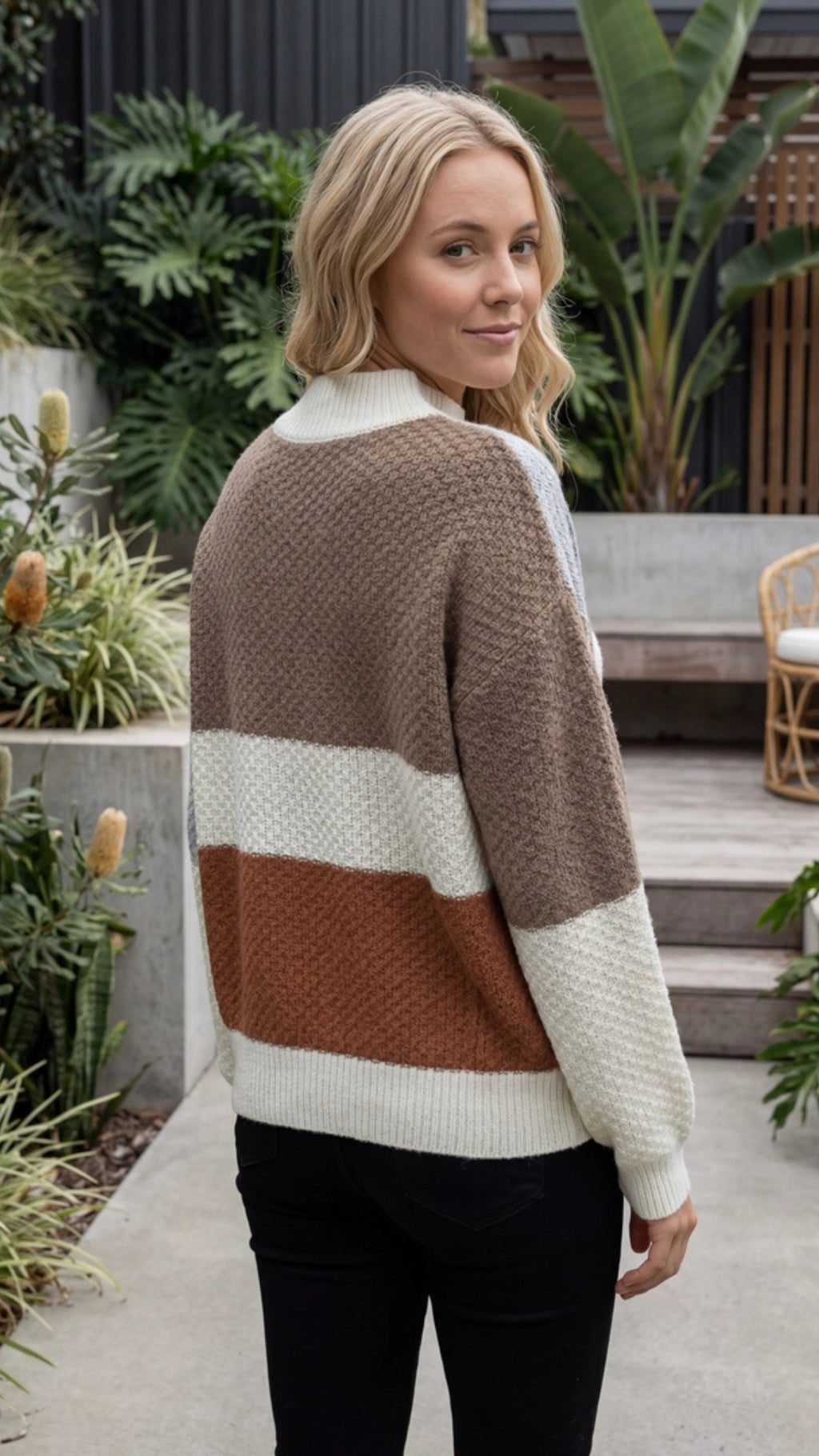 Women’s Mock Neck Knit Sweater with Color Block