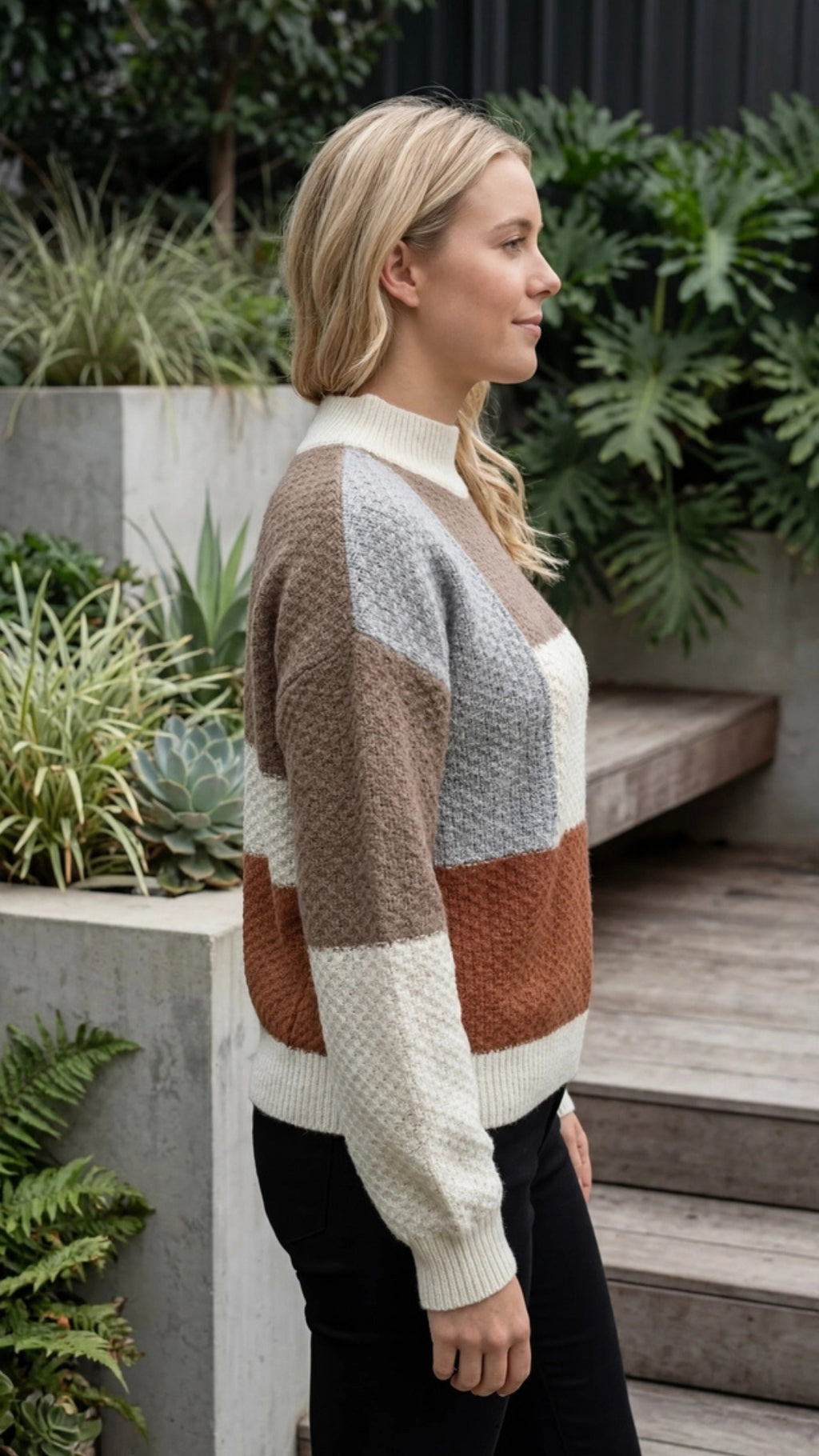 Women’s Mock Neck Knit Sweater with Color Block