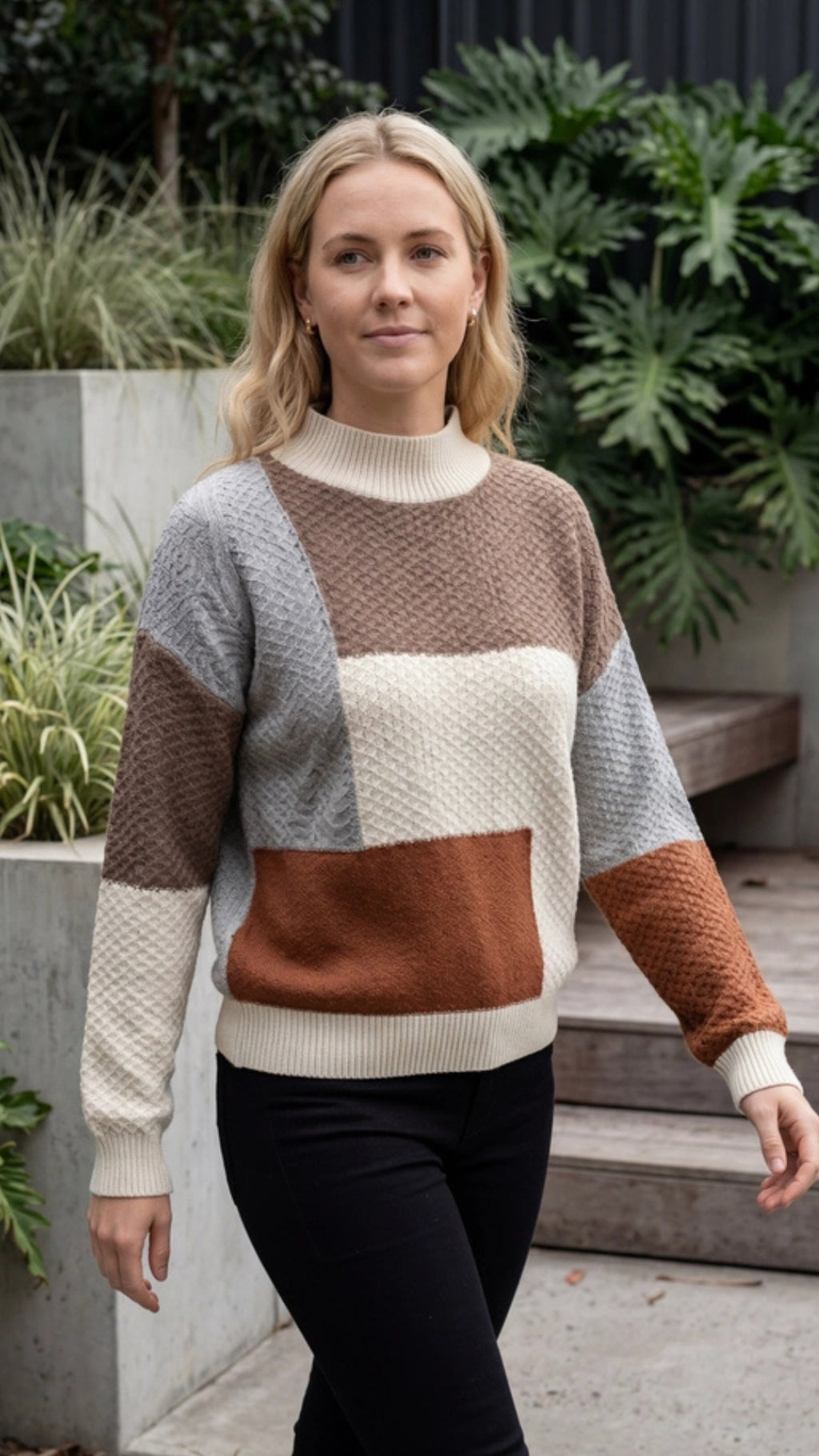 Women’s Mock Neck Knit Sweater with Color Block