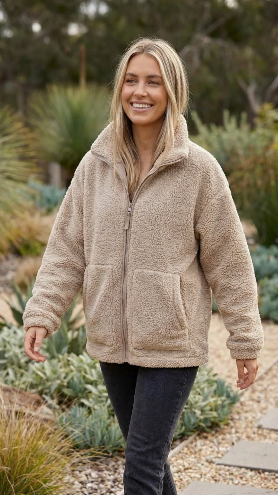 Womens Fleece Teddy Sherpa Zip Up Oversized Jacket
