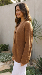 Women’s Button-Up Ribbed Knit Cardigan with Long Sleeves