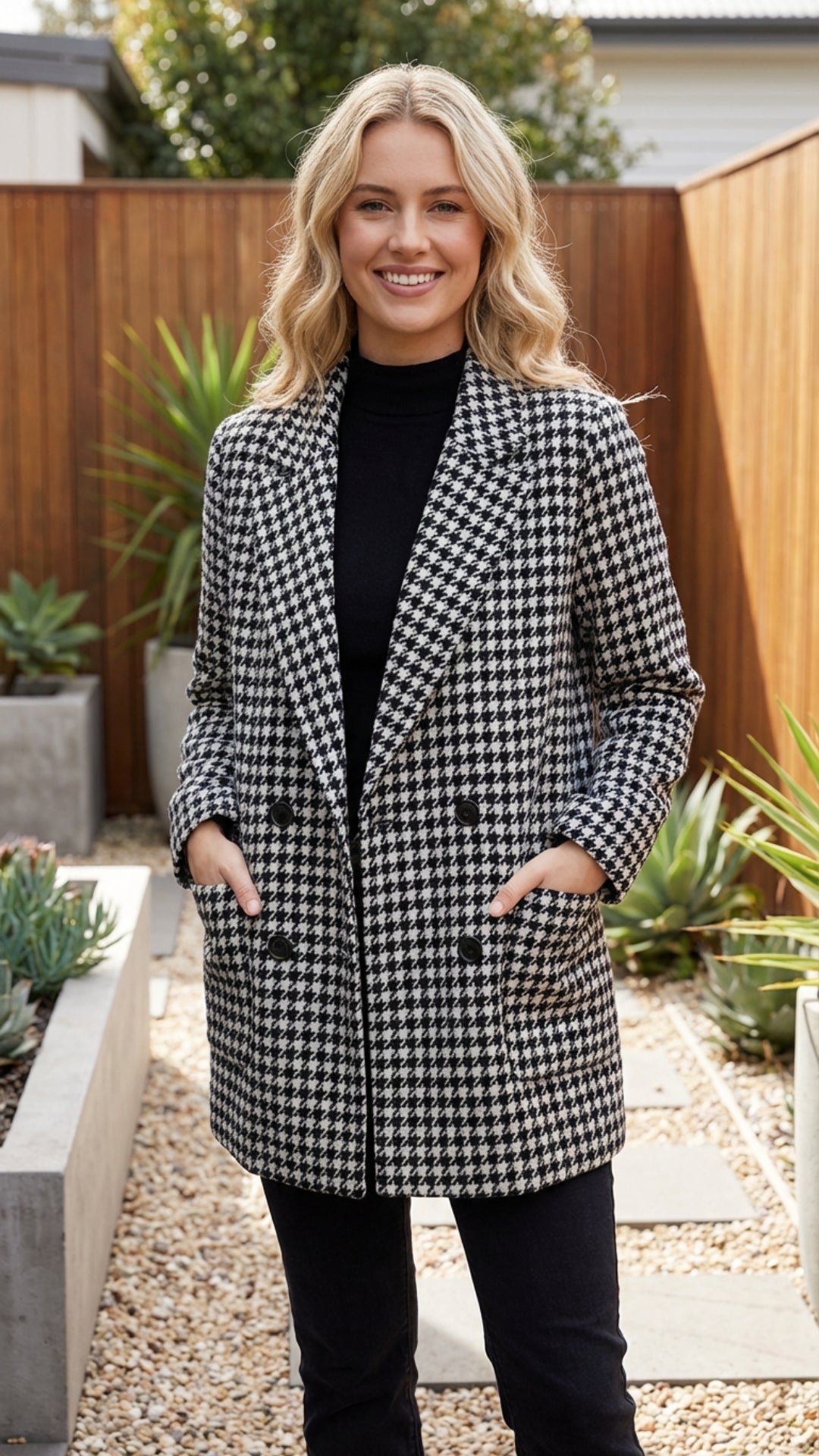 Women’s Checkered Double Breasted Long Blazer Jacket