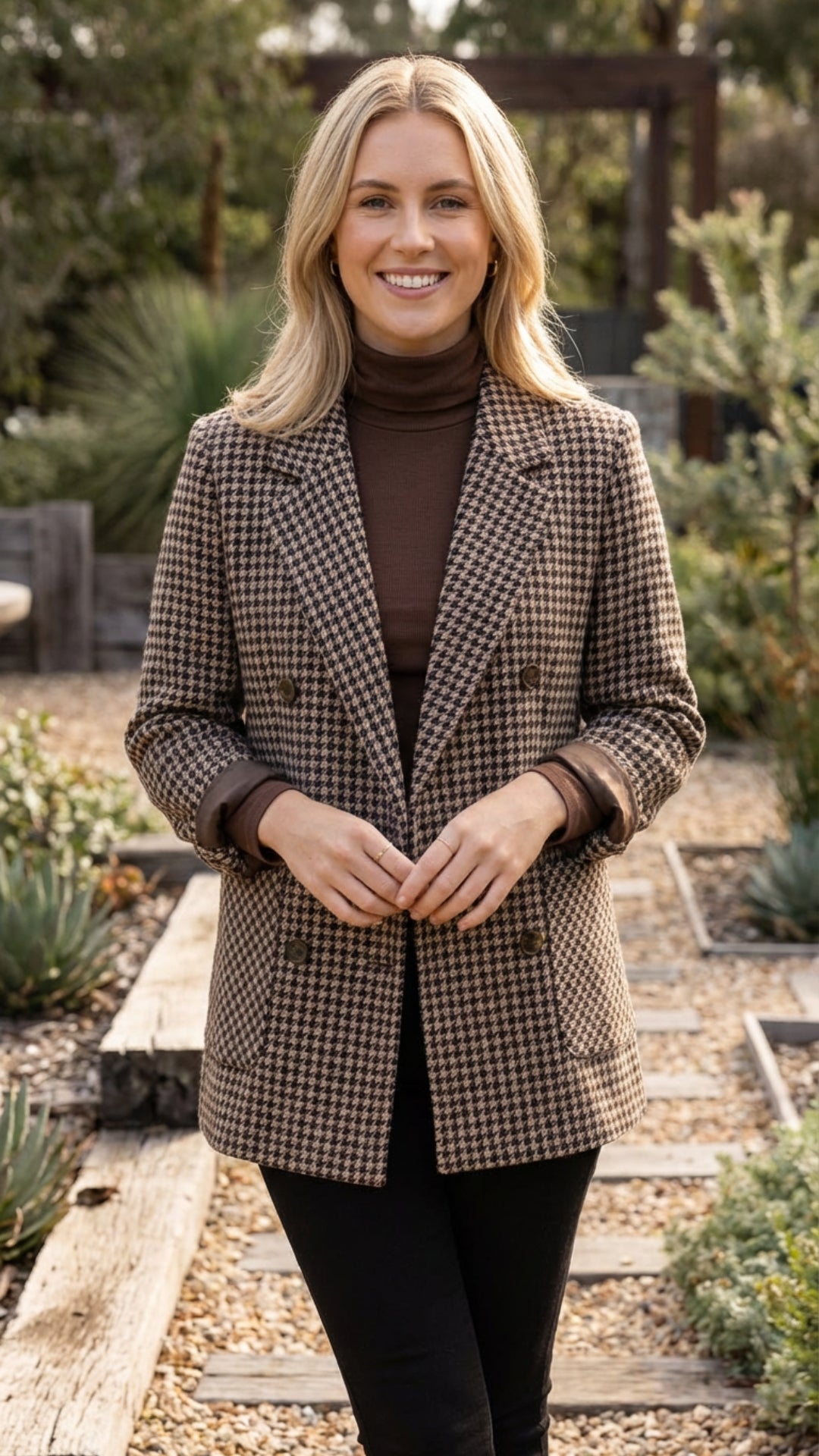 Women’s Checkered Double Breasted Long Blazer Jacket