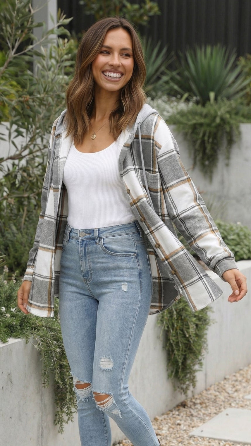 Women’s Checkered Print Hooded Jacket
