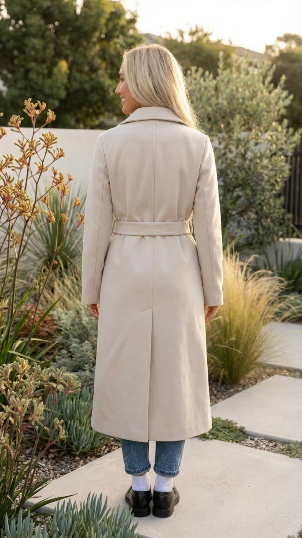 Women’s Double-Breasted Belted Long Coat with Buttons