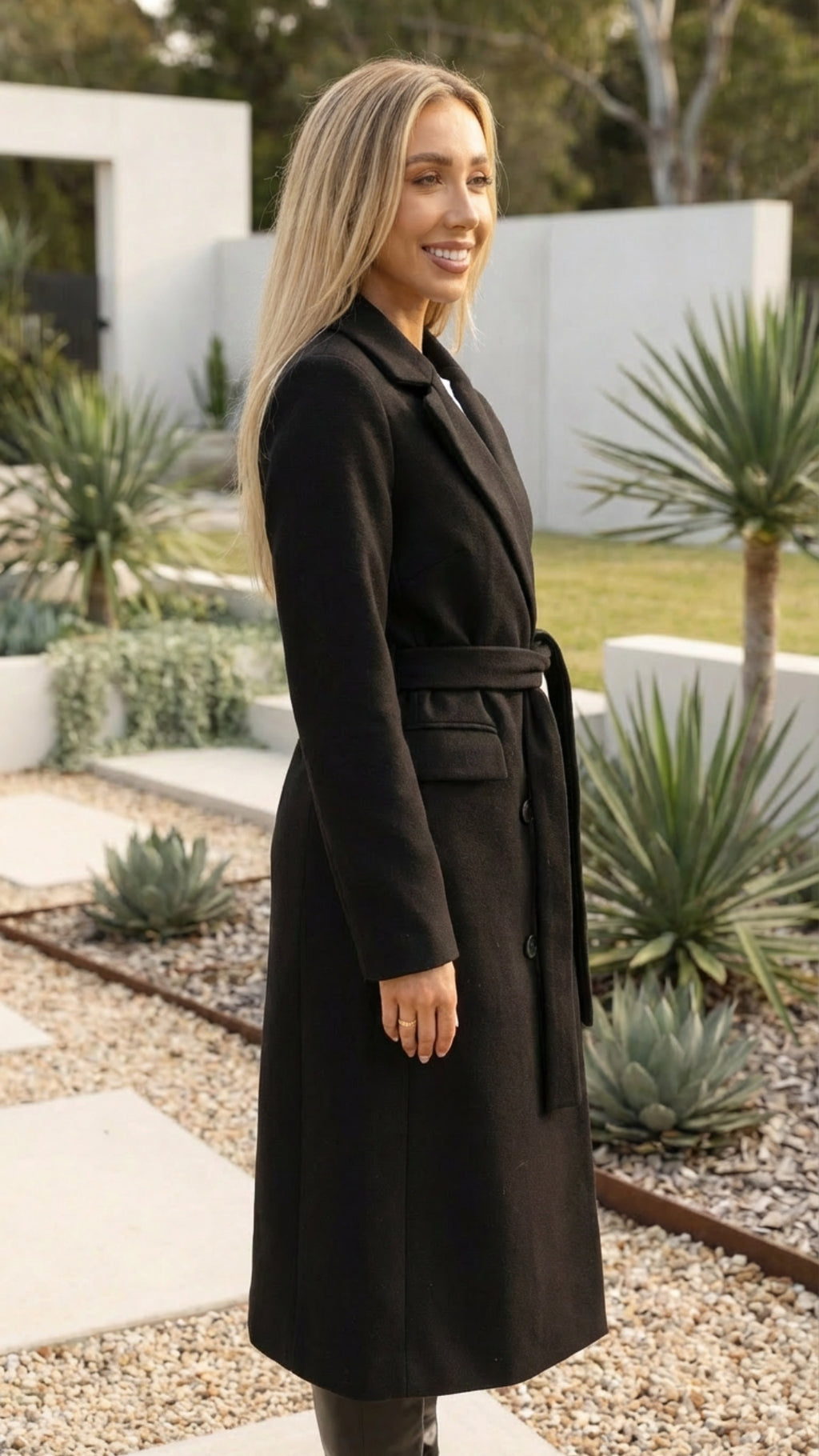 Women’s Double-Breasted Belted Long Coat with Buttons