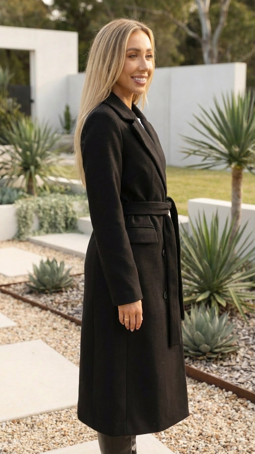 Women’s Double-Breasted Belted Long Coat with Buttons